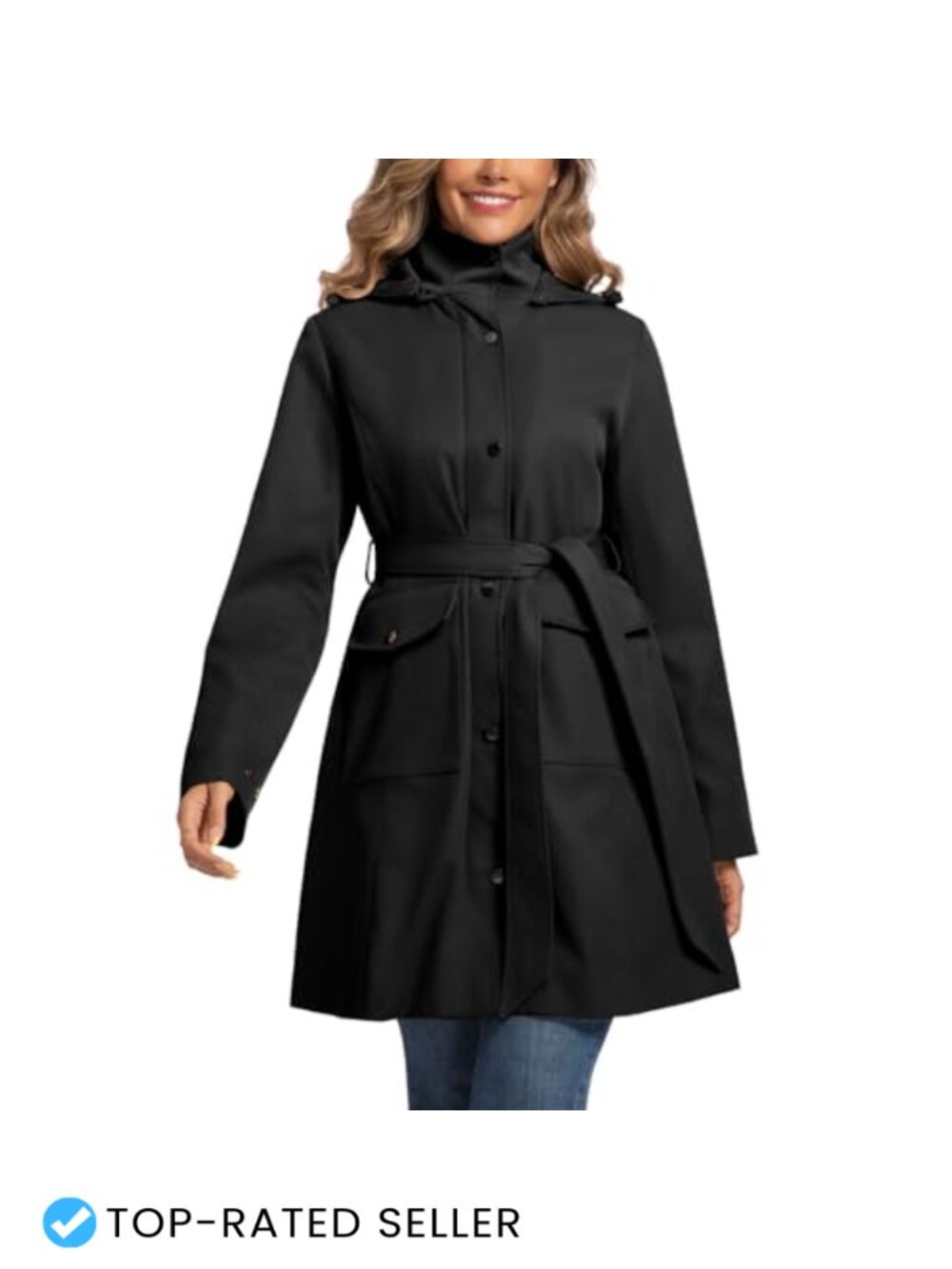 Women's Water Resistant Trench Coat with Detachable Hood & Belt, Black, Size L